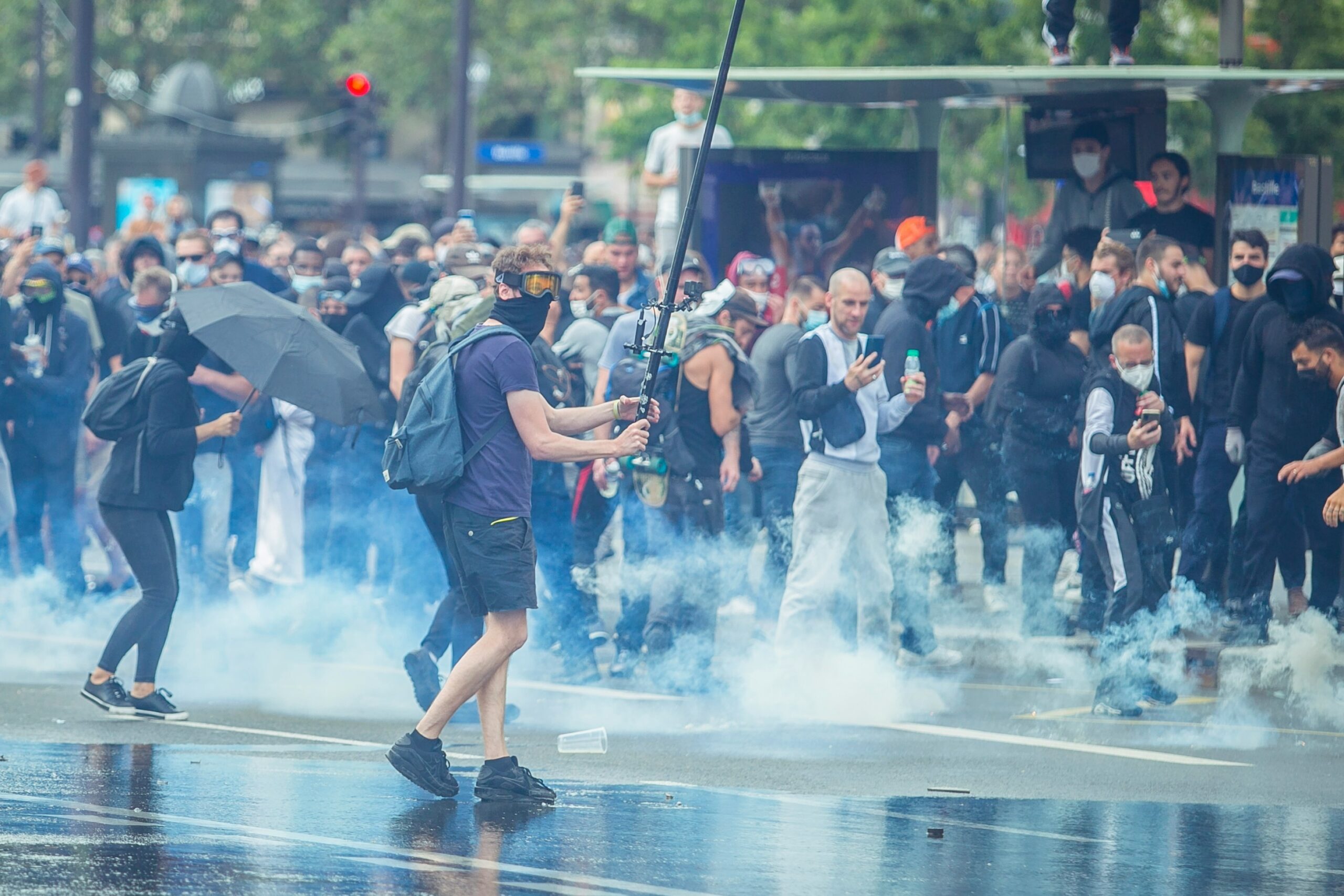 A photo showing protestors clashing with police during civil unrest